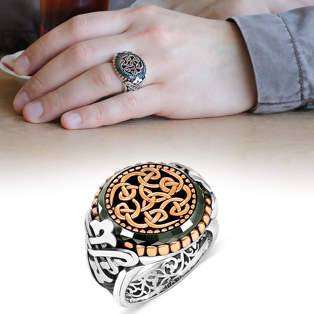 Özel Tasarım Yeşil Akik Taşlı 925 Ayar Gümüş Erkek Yüzük - 1