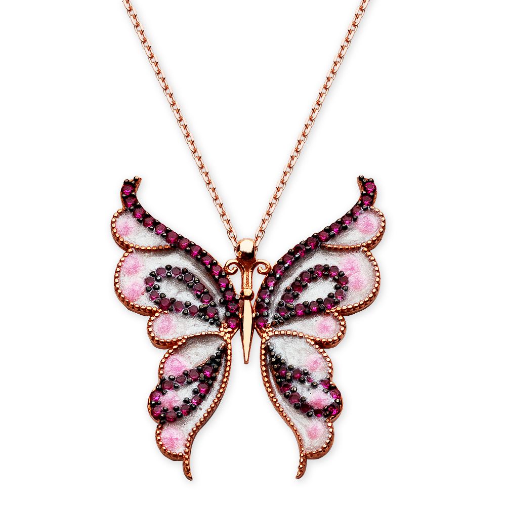 925 Ayar Gümüş Pembe Kelebek Tasarım Kolye (Model-2) - 1