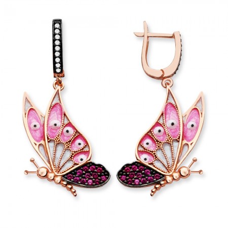 925 Ayar Gümüş Pembe Siyah Noktalı Kelebek Küpe - Tesbihane