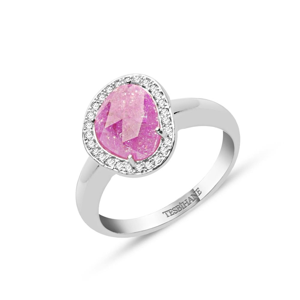 925 Ayar Gümüş Pembe Taşlı Yüzük - 1