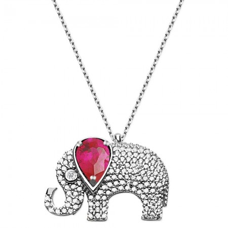 925 Ayar Gümüş Pembe Zirkon Taşlı Fil Kolye - Tesbihane