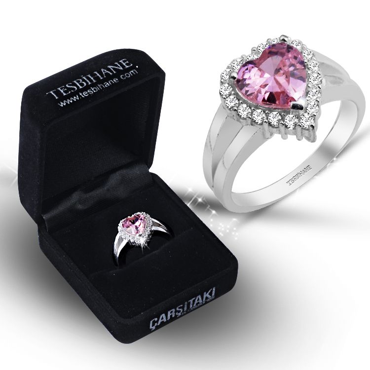 925 Ayar Gümüş Pembe Zirkon Taşlı Kalp Model Yüzük (BSR0022) - 1