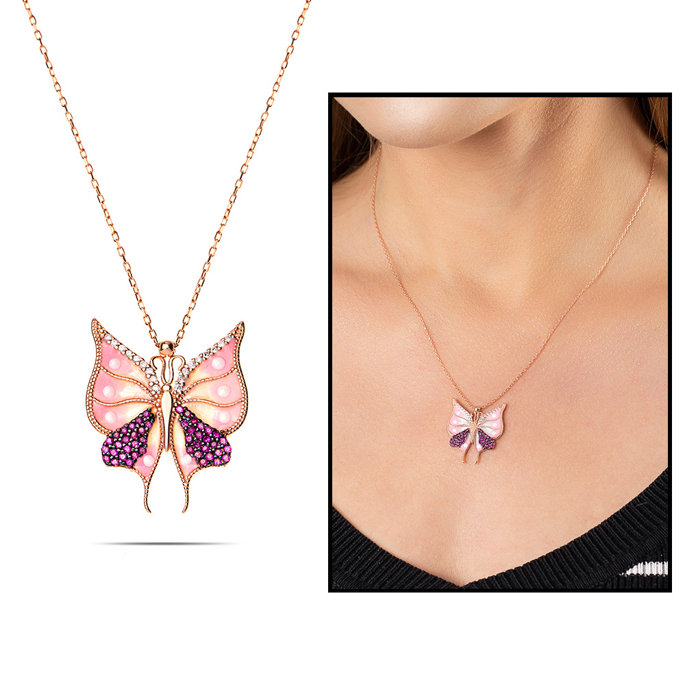 Beyaz-Pembe Zirkon Taşlı Kelebek Tasarım 925 Ayar Gümüş Bayan Kolye - 1