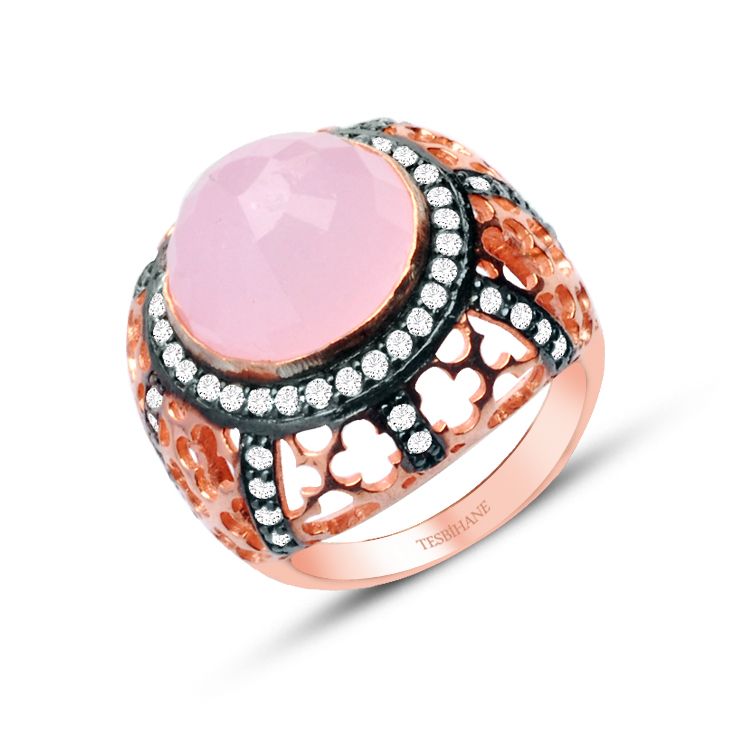 925 Ayar Gümüş Pembe Zirkon Taşlı Rose Yüzük - 1