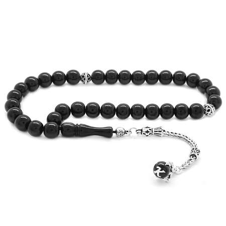 925 Ayar Gümüş Pençe Tasarım Harf Püsküllü Küre Kesim Rus Oltu Tesbih - Tesbihane