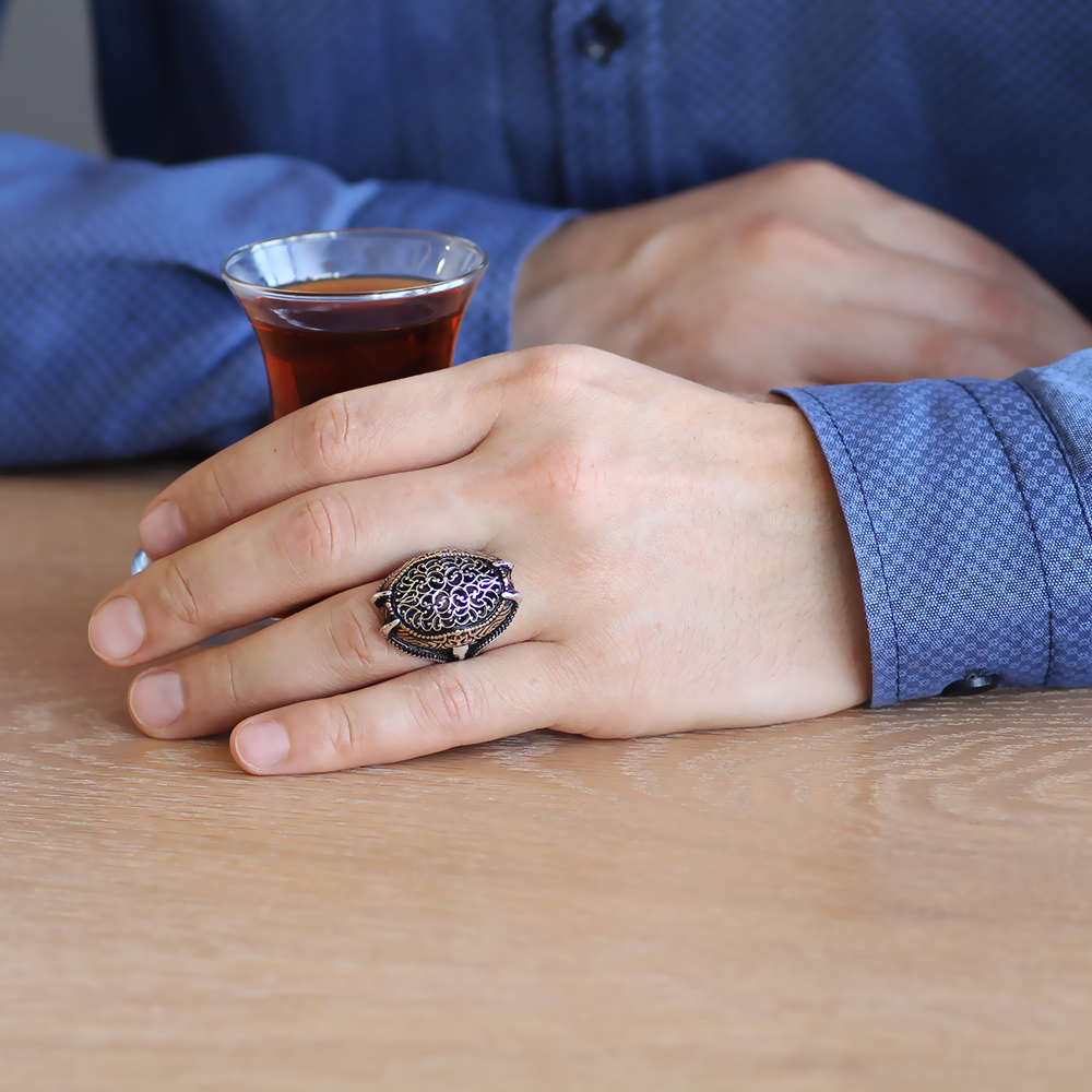 Desen İşlemeli Pençe Tasarım 925 Ayar Gümüş Erkek Yüzük - 2