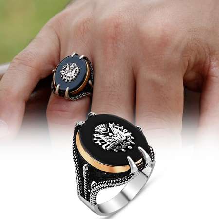 Pençe Tasarım Arma Motifli Siyah Oniks Taşlı 925 Ayar Gümüş Erkek Yüzük - Tesbihane