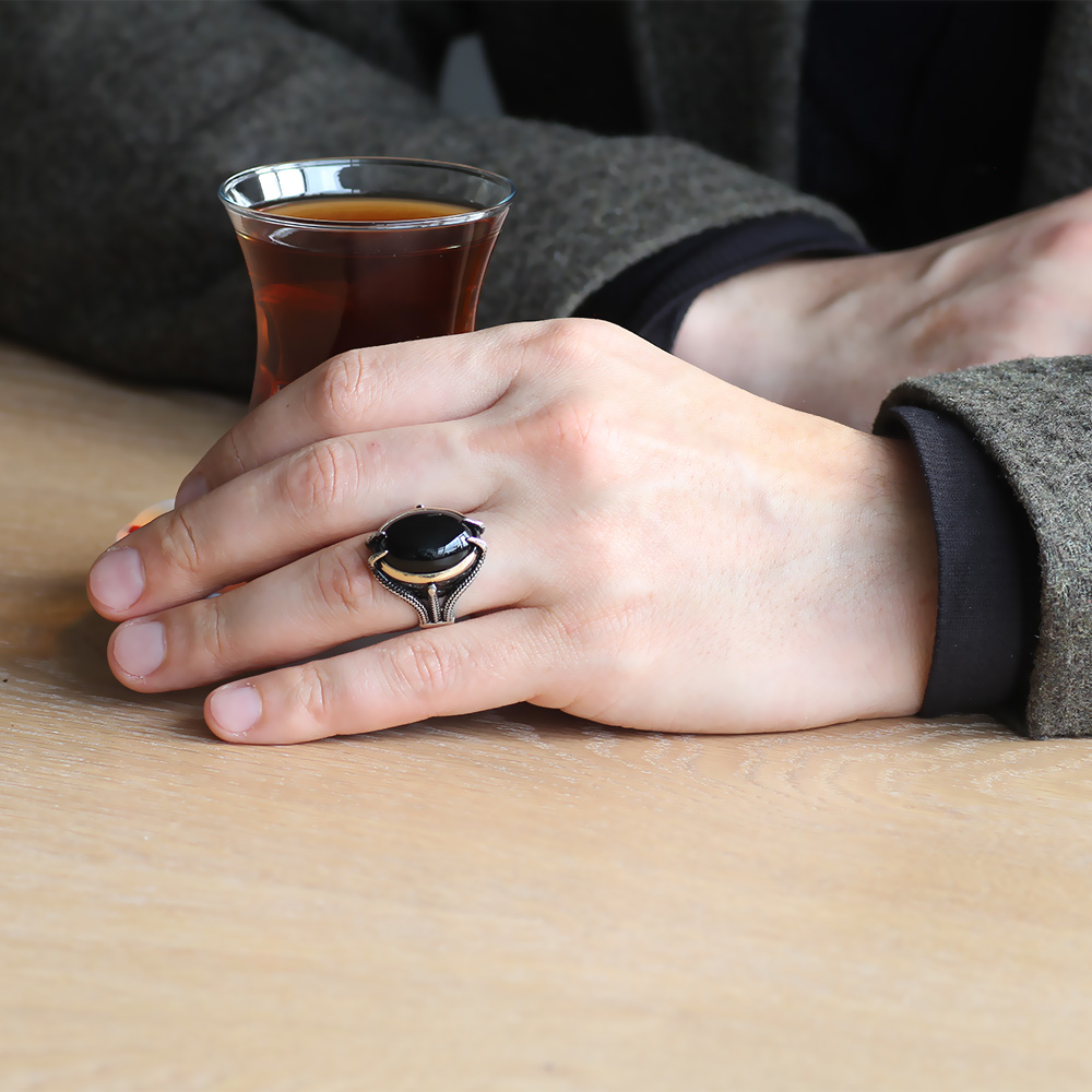 Pençe Tasarım Siyah Oniks Taşlı 925 Ayar Gümüş Erkek Yüzük - 3