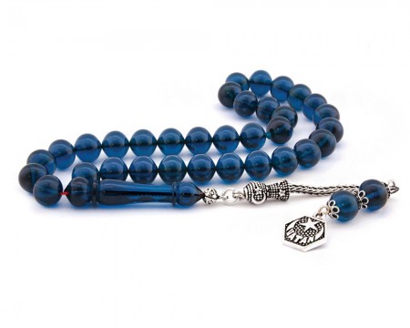 925 Ayar Gümüş Ayyıldız Püsküllü Sığırcık Kesim Sıkma Kehribar Tesbih - Tesbihane