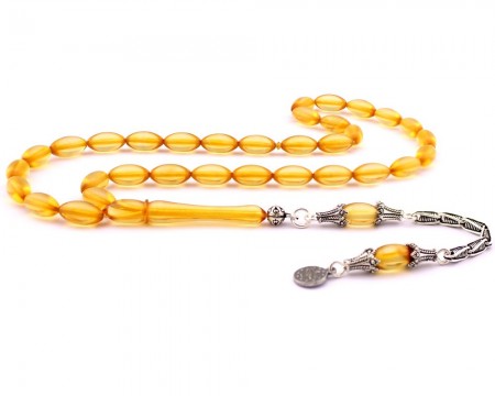 925 Ayar Gümüş Püskül Bal Rengi Sıkma Kehribar Tesbih - Tesbihane