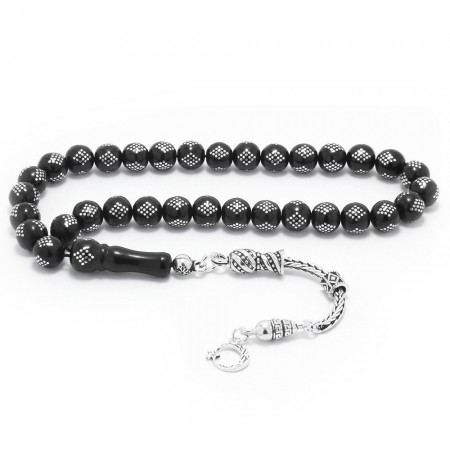 925 Ayar Gümüş Püsküllü Gümüş Baklava Deseni İşlemeli Rus Oltu Tesbih - Tesbihane