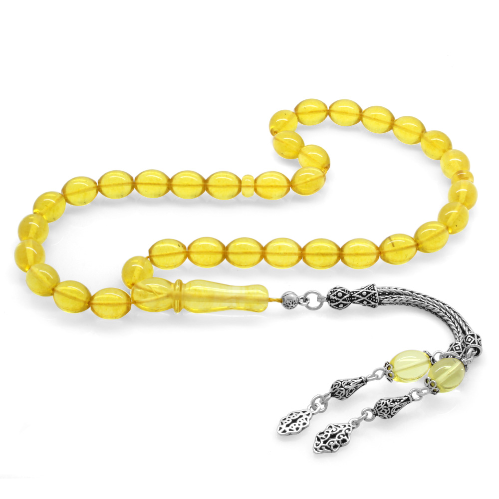 925 Ayar Gümüş Püsküllü Arpa Kesim Şeffaf Sarı Damla Kehribar Tesbih - 1