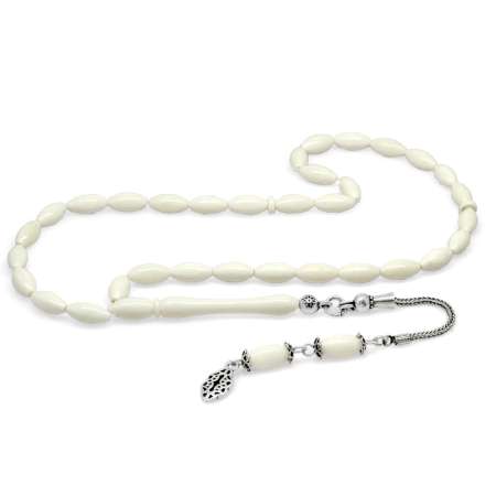 925 Ayar Gümüş Püsküllü Arpa Kesim Beyaz Renk Deve Kemiği Tesbih - Tesbihane
