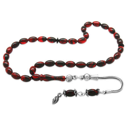 Ateş Kehribar Tesbih - 925 Ayar Gümüş Püsküllü - Mini Boy - Kırmızı Siyah - Arpa Kesim - Tesbihane