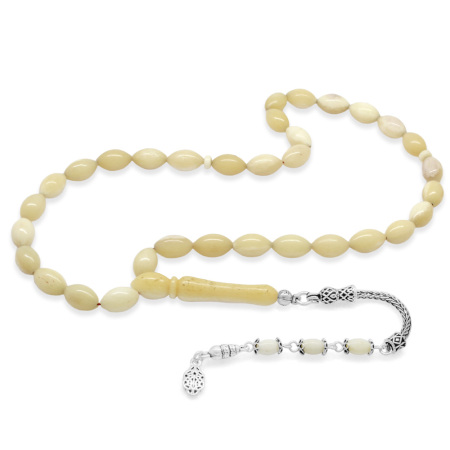 925 Ayar Gümüş Püsküllü Arpa Kesim Doğal Renk Deve Kemiği Tesbih - Tesbihane