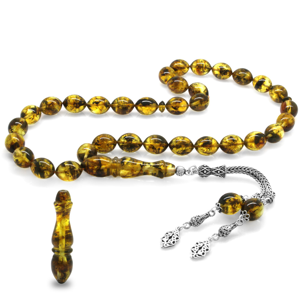 925 Ayar Gümüş Püsküllü Arpa Kesim Fosilli Sarı Damla Kehribar Tesbih - 1