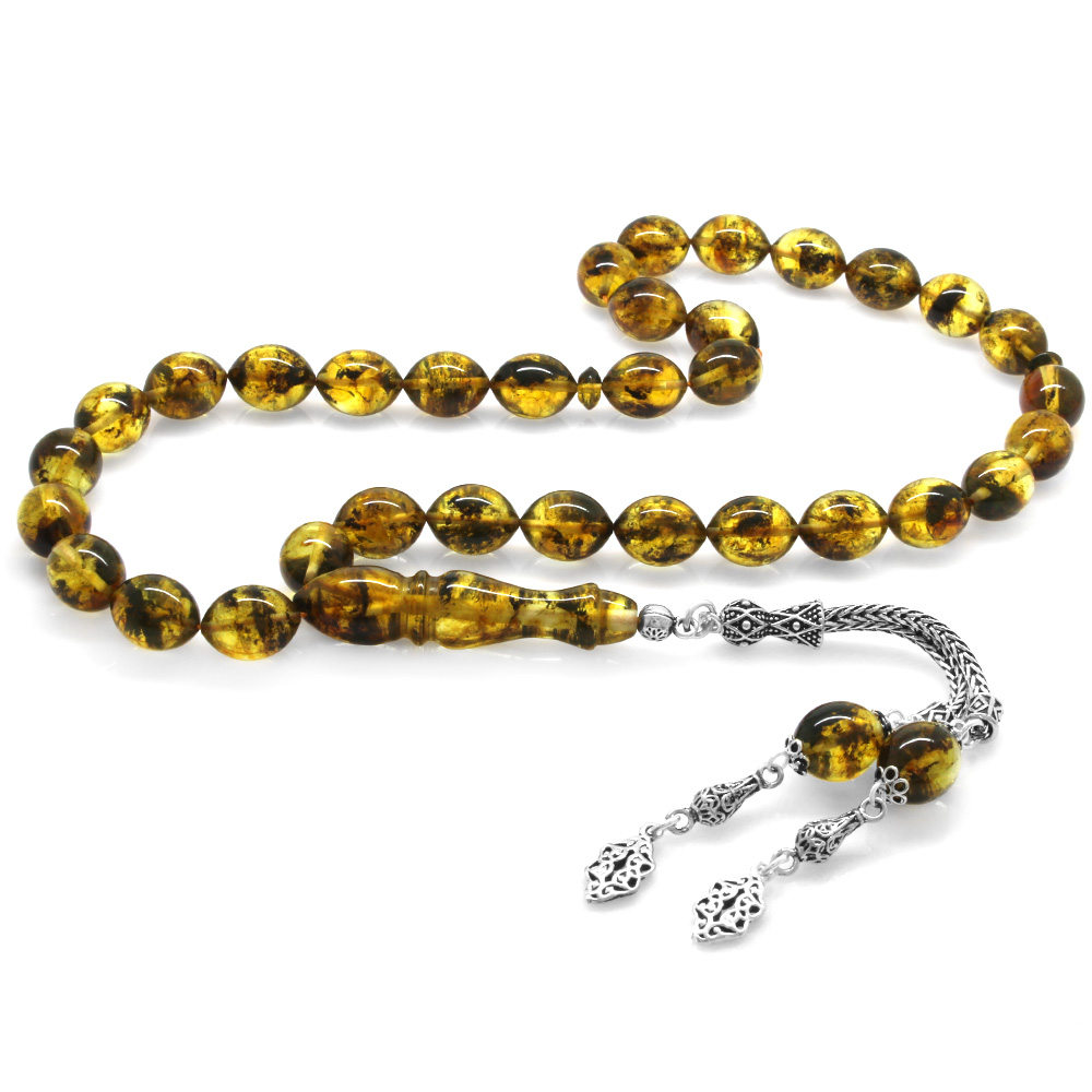 925 Ayar Gümüş Püsküllü Arpa Kesim Fosilli Sarı Damla Kehribar Tesbih - 4