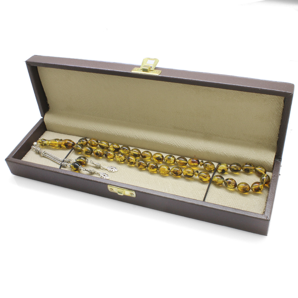 925 Ayar Gümüş Püsküllü Arpa Kesim Fosilli Sarı Damla Kehribar Tesbih - 3