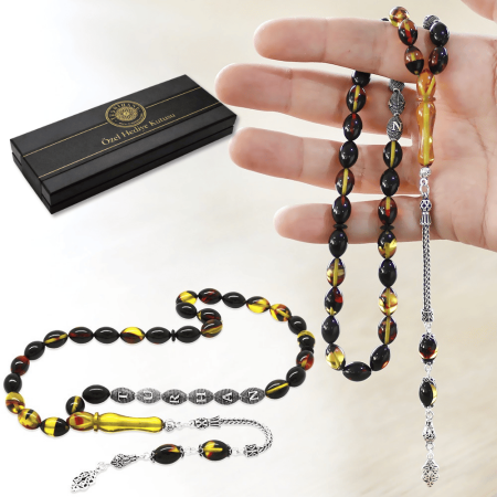 925 Ayar Gümüş Püsküllü Arpa Kesim Gümüş İsim Yazılı Bala Siyah Ateş Kehribar Tesbih - Tesbihane