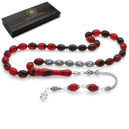 925 Ayar Gümüş Püsküllü Arpa Kesim Gümüş İsim Yazılı Kırmızı Siyah Ateş Kehribar Tesbih - Tesbihane