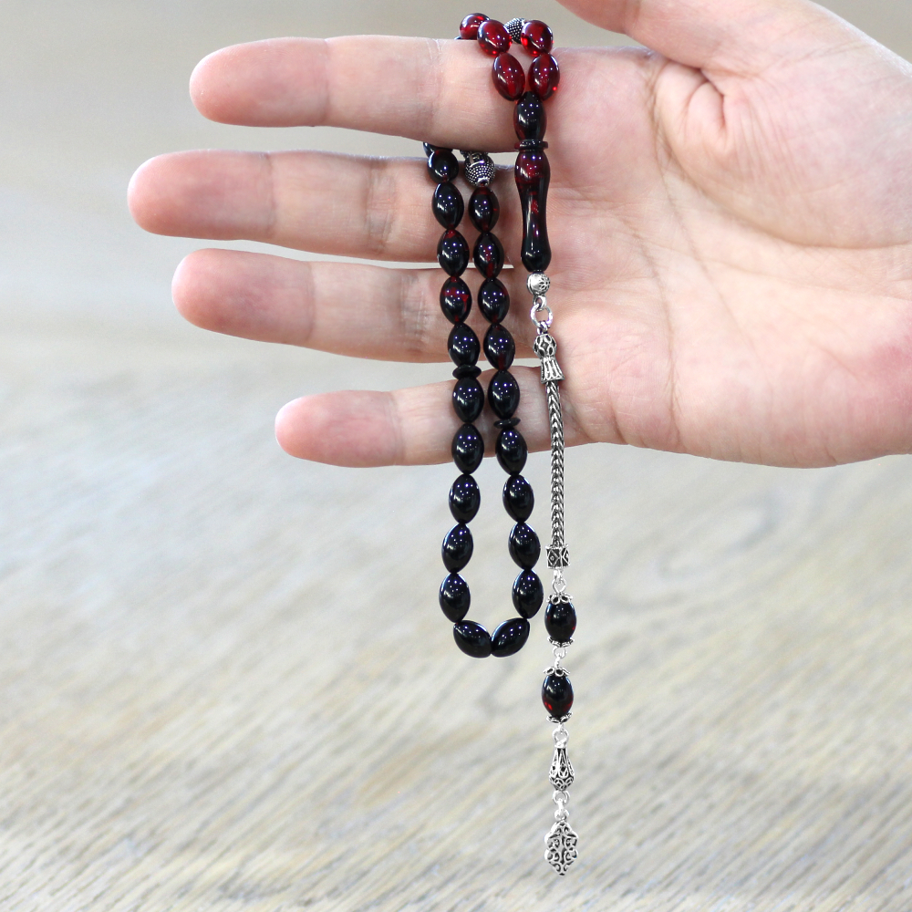 925 Ayar Gümüş Püsküllü Arpa Kesim Gümüş İsim Yazılı Kırmızı Siyah Ateş Kehribar Tesbih - 2