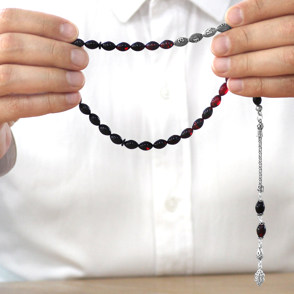 925 Ayar Gümüş Püsküllü Arpa Kesim Gümüş İsim Yazılı Kırmızı Siyah Ateş Kehribar Tesbih - 3