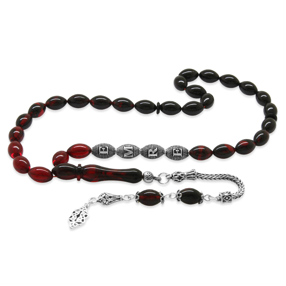 925 Ayar Gümüş Püsküllü Arpa Kesim Gümüş İsim Yazılı Kırmızı Siyah Ateş Kehribar Tesbih - 4