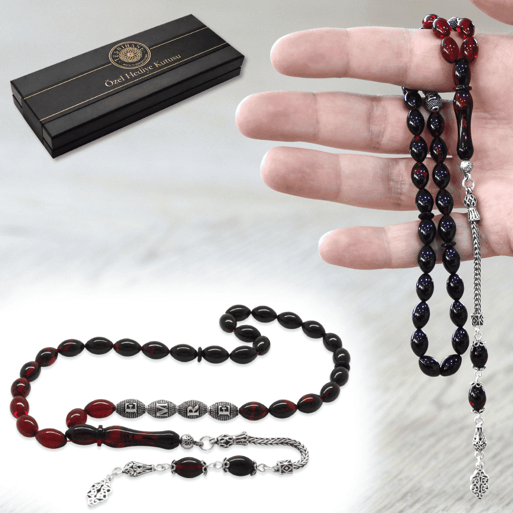 925 Ayar Gümüş Püsküllü Arpa Kesim Gümüş İsim Yazılı Kırmızı Siyah Ateş Kehribar Tesbih - 1