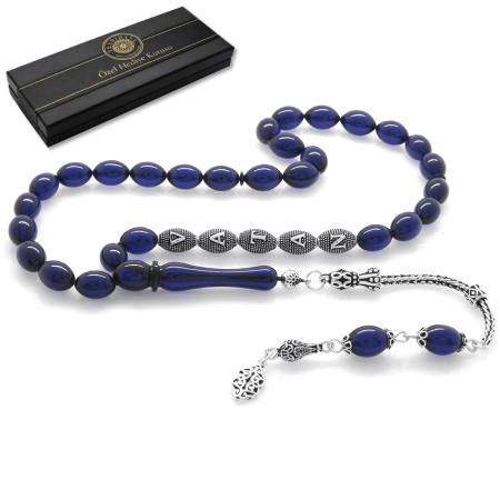 925 Ayar Gümüş Püsküllü Arpa Kesim Gümüş İsim Yazılı Lacivert Sıkma Kehribar Tesbih - Tesbihane