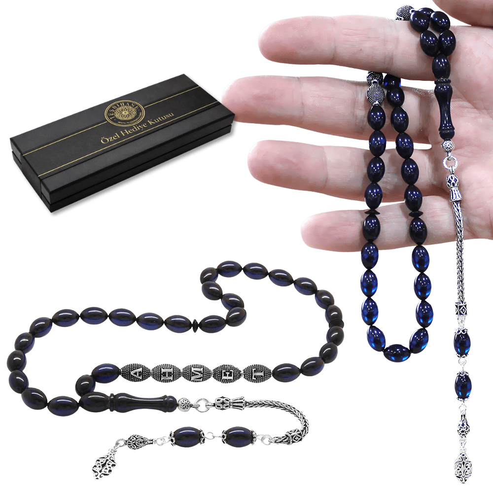 925 Ayar Gümüş Püsküllü Arpa Kesim Gümüş İsim Yazılı Lacivert Sıkma Kehribar Tesbih - 1