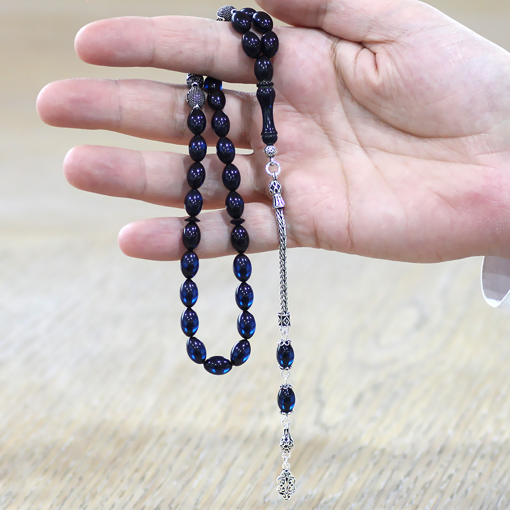 925 Ayar Gümüş Püsküllü Arpa Kesim Gümüş İsim Yazılı Lacivert Sıkma Kehribar Tesbih - 2