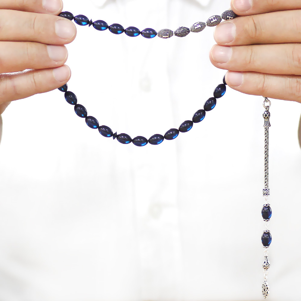 925 Ayar Gümüş Püsküllü Arpa Kesim Gümüş İsim Yazılı Lacivert Sıkma Kehribar Tesbih - 3