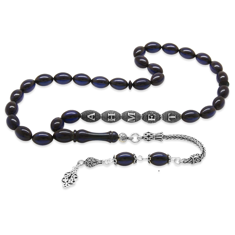 925 Ayar Gümüş Püsküllü Arpa Kesim Gümüş İsim Yazılı Lacivert Sıkma Kehribar Tesbih - 4