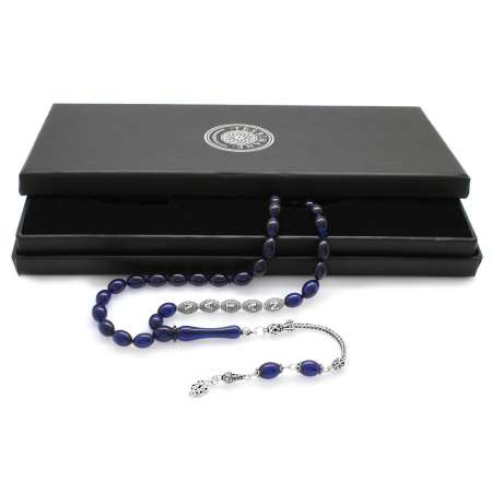 925 Ayar Gümüş Püsküllü Arpa Kesim Gümüş İsim Yazılı Lacivert Sıkma Kehribar Tesbih - Tesbihane