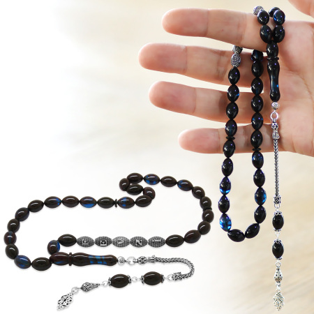 925 Ayar Gümüş Püsküllü Arpa Kesim Gümüş İsim Yazılı Mavi Siyah Sıkma Kehribar Tesbih - Tesbihane