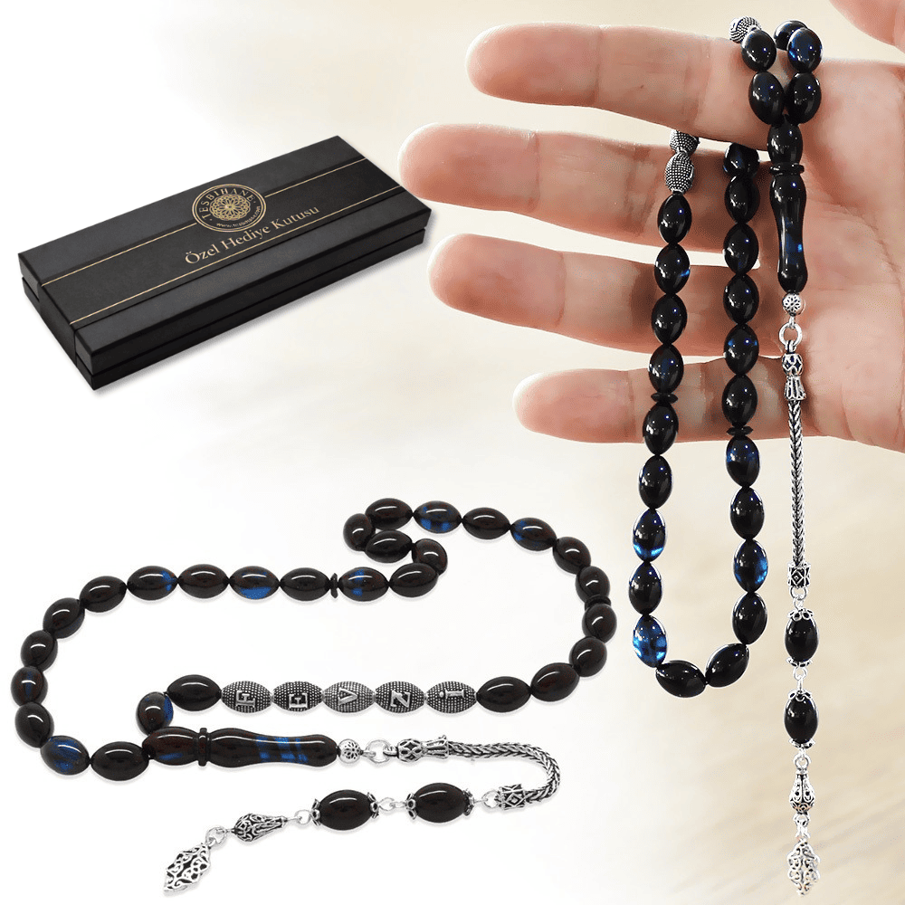 925 Ayar Gümüş Püsküllü Arpa Kesim Gümüş İsim Yazılı Mavi Siyah Sıkma Kehribar Tesbih - 1