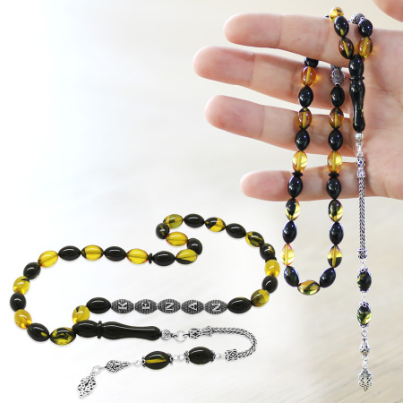 925 Ayar Gümüş Püsküllü Arpa Kesim Gümüş İsim Yazılı Sarı Siyah Ateş Kehribar Tesbih - Tesbihane