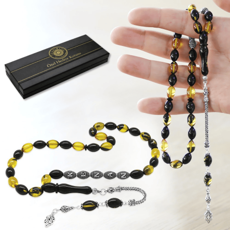 925 Ayar Gümüş Püsküllü Arpa Kesim Gümüş İsim Yazılı Sarı Siyah Ateş Kehribar Tesbih - Tesbihane