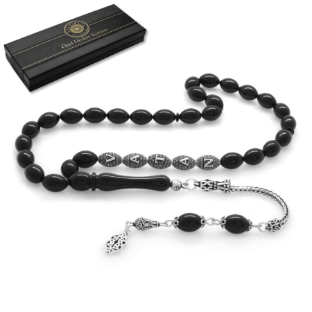 925 Ayar Gümüş Püsküllü Arpa Kesim Gümüş İsim Yazılı Siyah Sıkma Kehribar Tesbih - Tesbihane