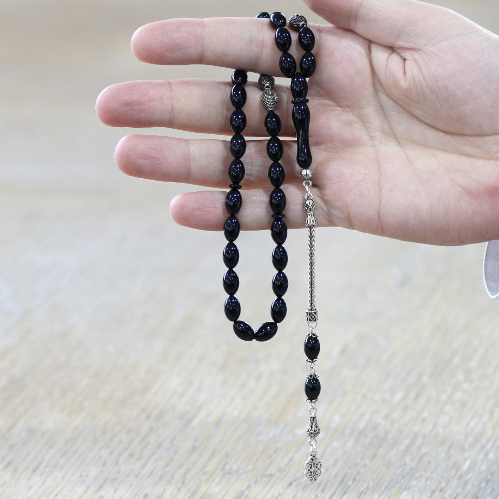 925 Ayar Gümüş Püsküllü Arpa Kesim Gümüş İsim Yazılı Siyah Sıkma Kehribar Tesbih - 2