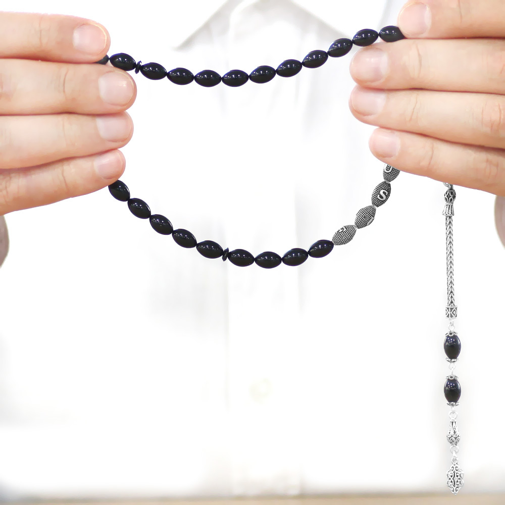 925 Ayar Gümüş Püsküllü Arpa Kesim Gümüş İsim Yazılı Siyah Sıkma Kehribar Tesbih - 3