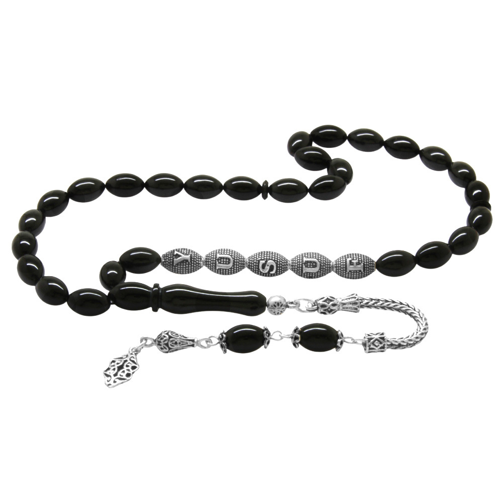 925 Ayar Gümüş Püsküllü Arpa Kesim Gümüş İsim Yazılı Siyah Sıkma Kehribar Tesbih - 4