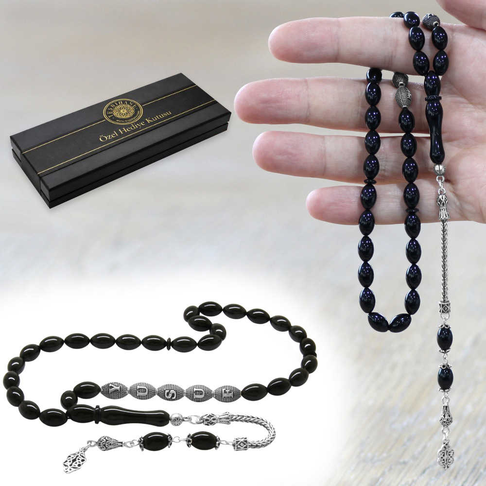 925 Ayar Gümüş Püsküllü Arpa Kesim Gümüş İsim Yazılı Siyah Sıkma Kehribar Tesbih - 1