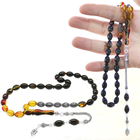 925 Ayar Gümüş Püsküllü Arpa Kesim Gümüş İsim Yazılı Süzme Bala Kırmızı Ateş Kehribar Tesbih - Tesbihane