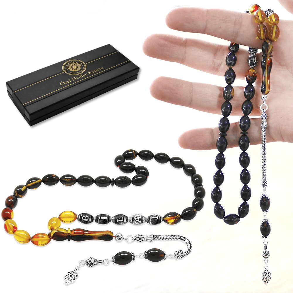 925 Ayar Gümüş Püsküllü Arpa Kesim Gümüş İsim Yazılı Süzme Bala Kırmızı Ateş Kehribar Tesbih - 1