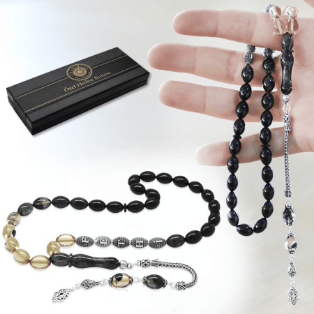 925 Ayar Gümüş Püsküllü Arpa Kesim Gümüş İsim Yazılı Süzme Beyaz Siyah Ateş Kehribar Tesbih - Tesbihane