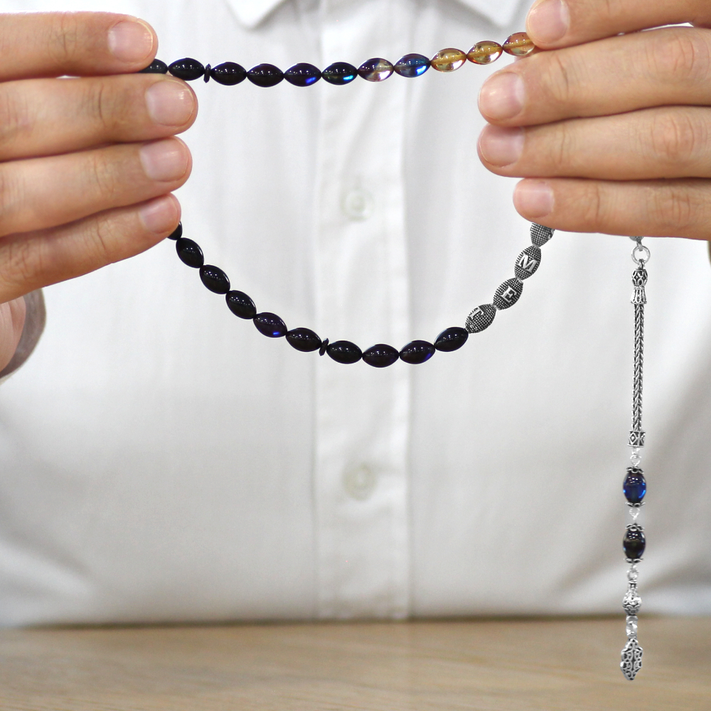 925 Ayar Gümüş Püsküllü Arpa Kesim Gümüş İsim Yazılı Süzme Bonibon Ateş Kehribar Tesbih - 3