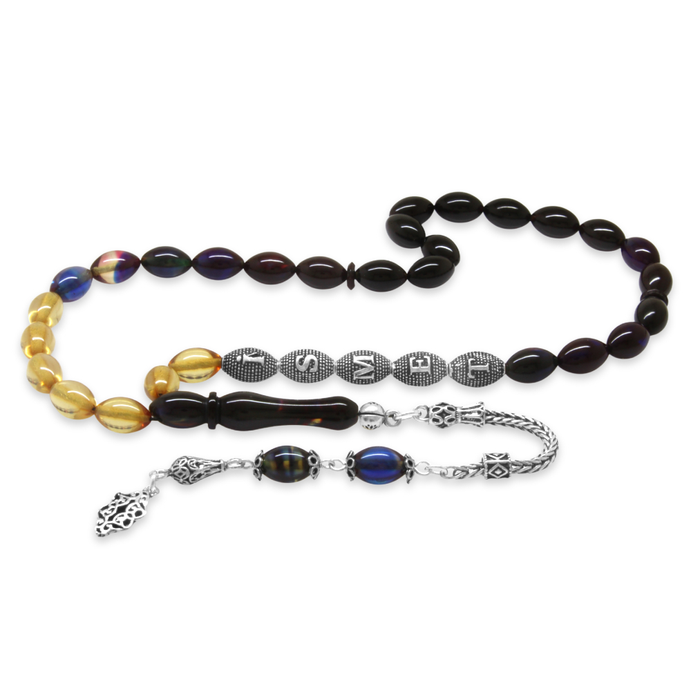 925 Ayar Gümüş Püsküllü Arpa Kesim Gümüş İsim Yazılı Süzme Bonibon Ateş Kehribar Tesbih - 4