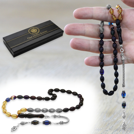 925 Ayar Gümüş Püsküllü Arpa Kesim Gümüş İsim Yazılı Süzme Bonibon Ateş Kehribar Tesbih - Tesbihane