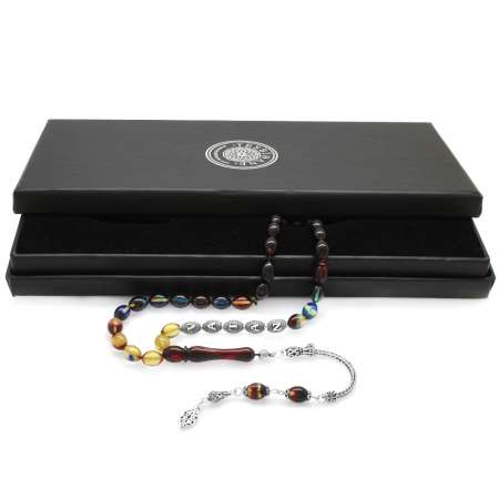 925 Ayar Gümüş Püsküllü Arpa Kesim Gümüş İsim Yazılı Süzme Bonibon Ateş Kehribar Tesbih - Tesbihane